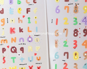 2 sheet of Alphabet or number stickers, cute alphabet with face stickers, Kawaii number with face stickers