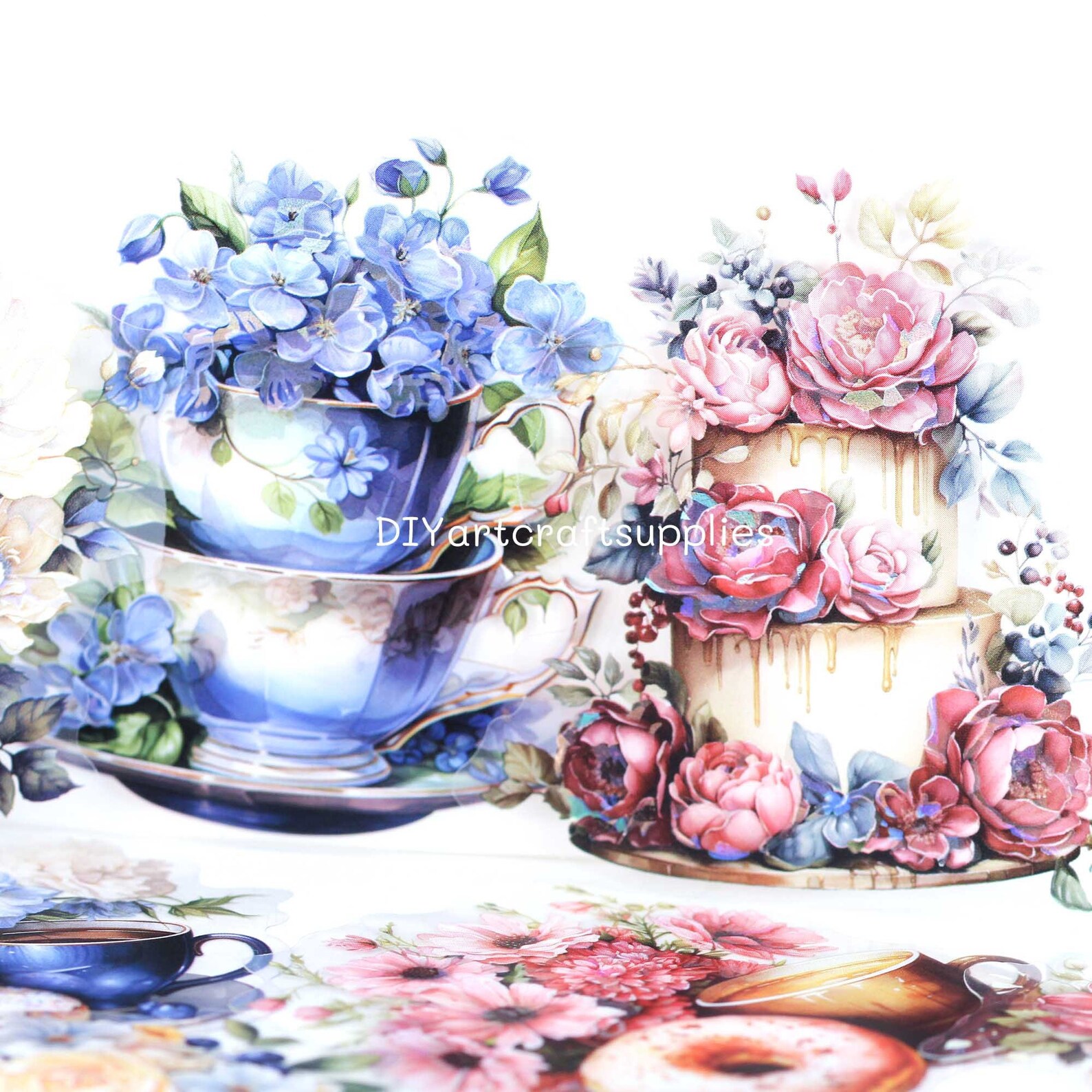 12 Pcs Holographic Foil Afternoon Tea and Flower Sticker, Cake, Flower ...
