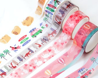 6 pcs set surfing theme washi tapes, hot air balloon washi tapes, beach washi tapes, forest washi tapes, cute animal decorative tapes