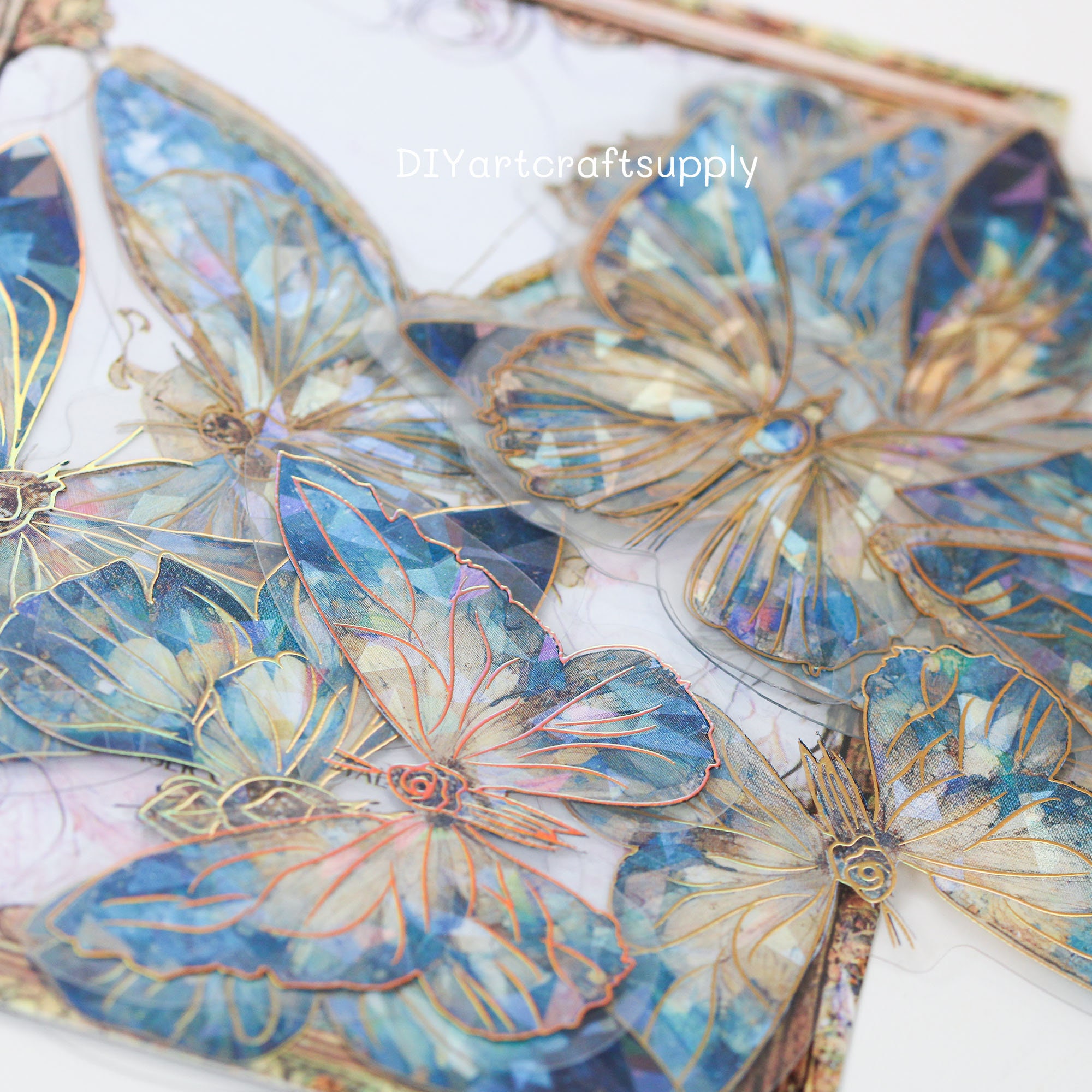 20 Pcs Holographic Blue Ice Crystal Butterfly Decorative PET Stickers ...