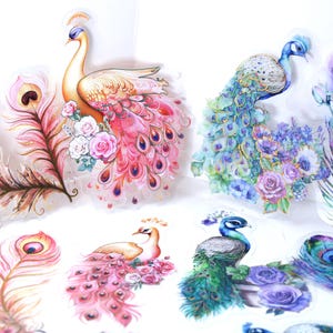 10 pcs gold foil pink peacock stickers, rainbow peacock feathers stickers, gorgeous peacock with flower stickers for scrapbooking