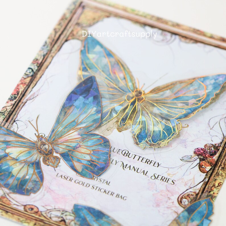 20 Pcs Holographic Blue Ice Crystal Butterfly Decorative PET Stickers ...