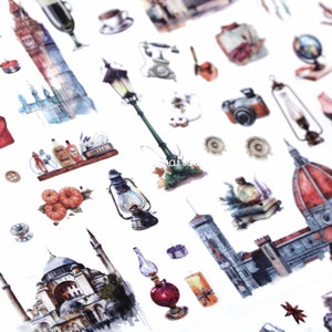 6 planches d'autocollants en PVC, Stickers voyage Paris vintage, stickers monuments de voyage, stickers objets déco vintage, stickers voyage Europe