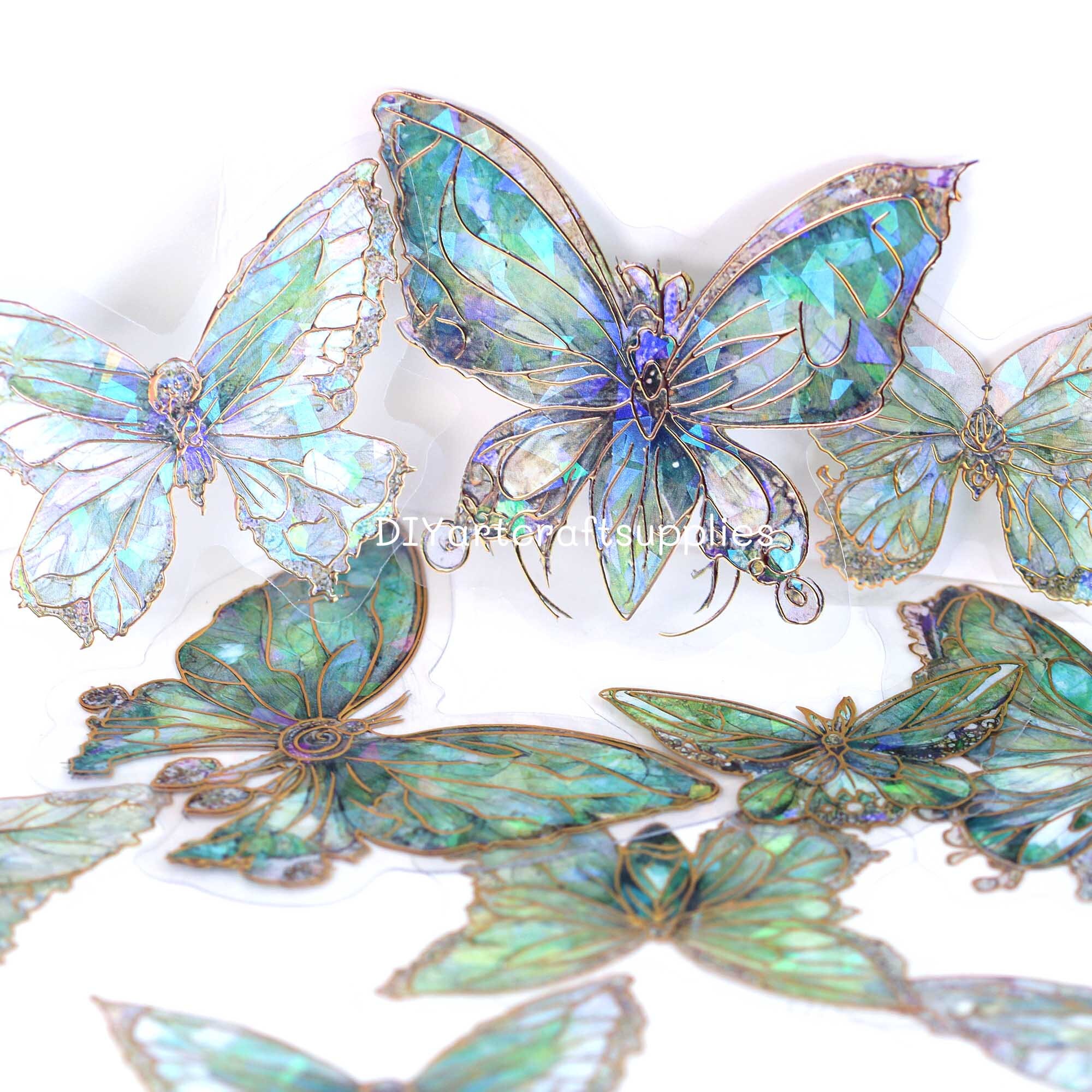 20 Pcs Holographic Green Ice Crystal Butterfly Decorative PET Stickers ...