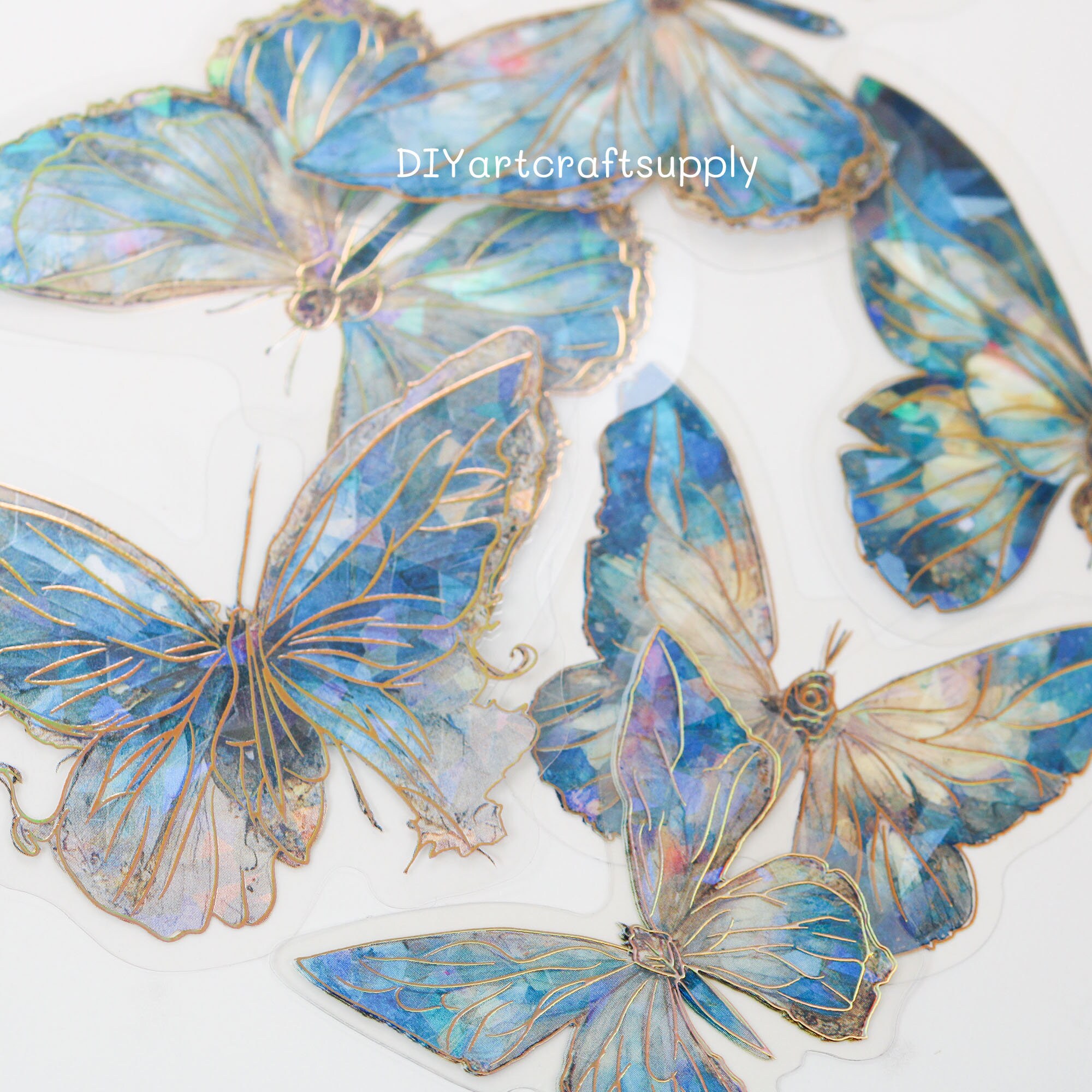 20 Pcs Holographic Blue Ice Crystal Butterfly Decorative PET Stickers ...
