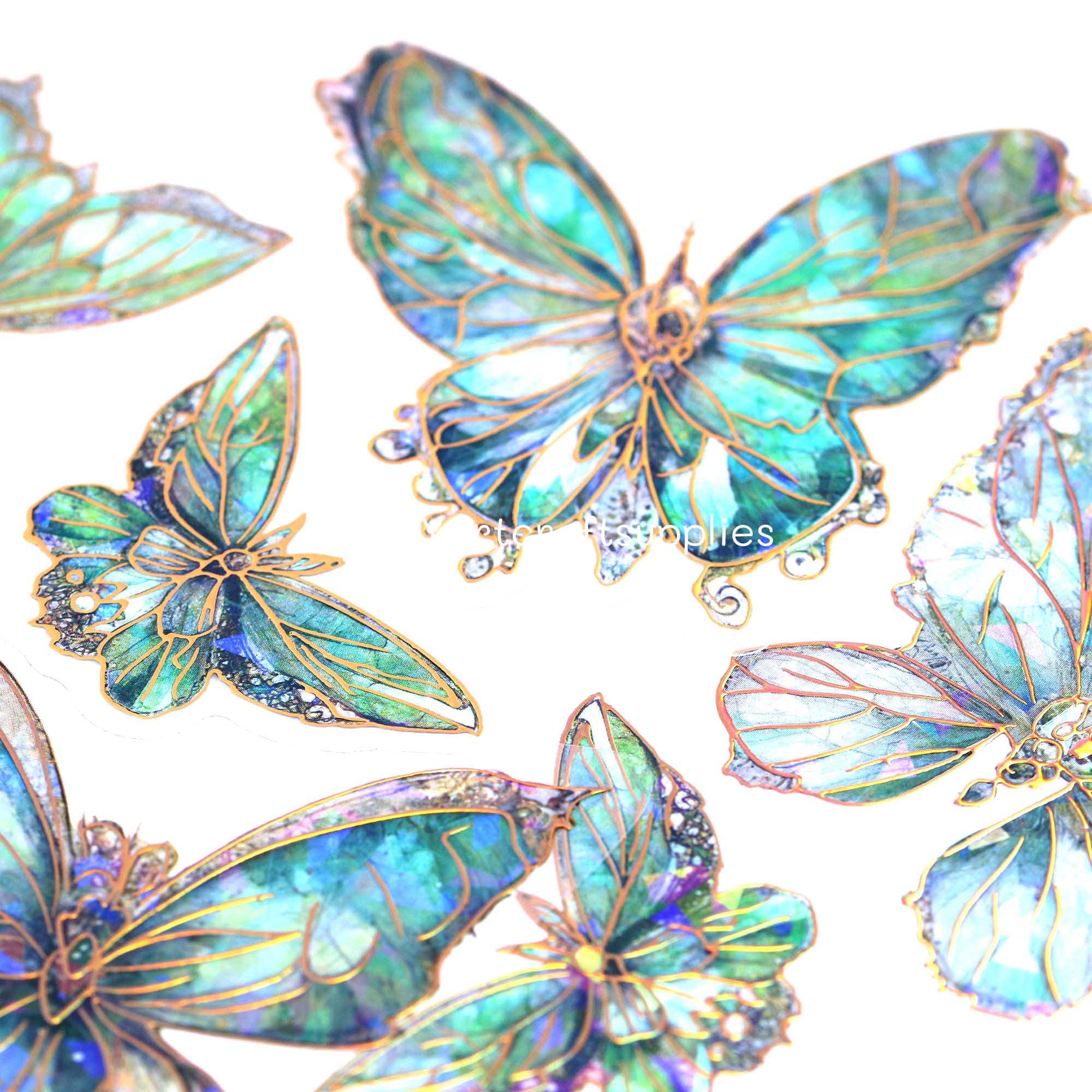 20 Pcs Holographic Green Ice Crystal Butterfly Decorative PET Stickers ...