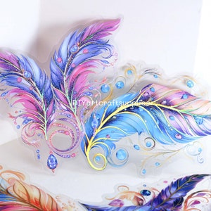 5 peças de adesivos de penas azuis em folha de ouro, adesivos de penas de pavão, lindos adesivos decorativos de penas para scrapbooking, fabricação de cartões