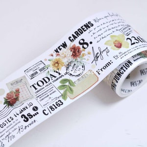 Rollo de cinta washi con letras y flores escritas a mano poéticas, cinta washi decorativa botánica con sello postal y letras escritas a mano vintage para scrapbooking