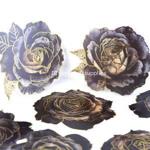 10 Stück Goldfolie schwarze Rose Aufkleber für Scrapbooking, Kartengestaltung, elegante Vergoldung mystische schwarze Rose dekorative Aufkleber