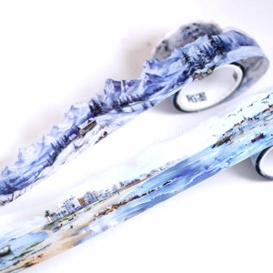 Winter landscape washi tape, ocean landscape die cut PET washi tape roll, decorative tape for DIY paper art, scrapbooking, 30 mm x 2 m