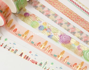 12 Stück Set Stadt Landschaft und dekoratives Muster gleitendes Washi Tape, Goldfolie Deko Washi Tape für DIY Kunst und Scrapbook, 2 m pro Rolle