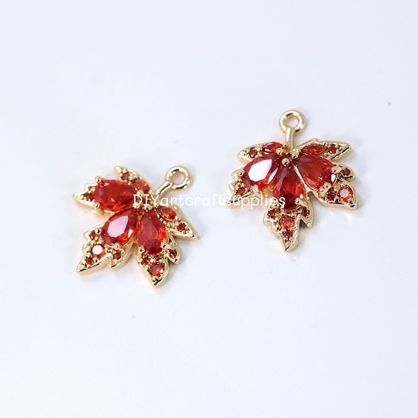 2 pcs lot high quality 24k gold plated maple leaves brass pendants charms for DIY jewelry making, cubic zirconia maple leaf pendants