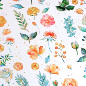 3 vellen oranjebloemstickers, rozenbloemenstickers, roos- en bladerenstickers, bladgoudstickers, decoratieve oranjebloemstickers