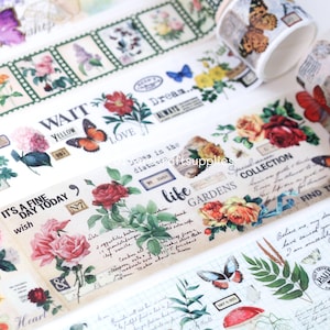 20 pcs set botanical flower, plant and butterfly washi decorative tapes, vintage paper floral pattern washi tapes, stamp washi tapes, 2 m