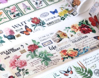 20 pcs set botanical flower, plant and butterfly washi decorative tapes, vintage paper floral pattern washi tapes, stamp washi tapes, 2 m