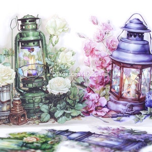 10 Stück holografische Folie Laterne Blumen dekorative Aufkleber, Petroleumlampe Garten Blume Aufkleber für Scrapbooking, Kartenherstellung, Papierkunst