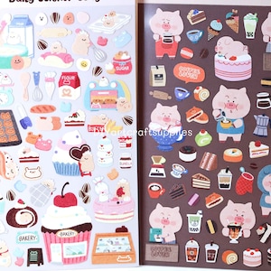 Niedlicher Hamster und Schwein Stickerbogen, Cupcake Hamster Bäcker Sticker, Bäckerei Sticker, Schweine Wüstensticker, Kaffee und Kuchen Sticker
