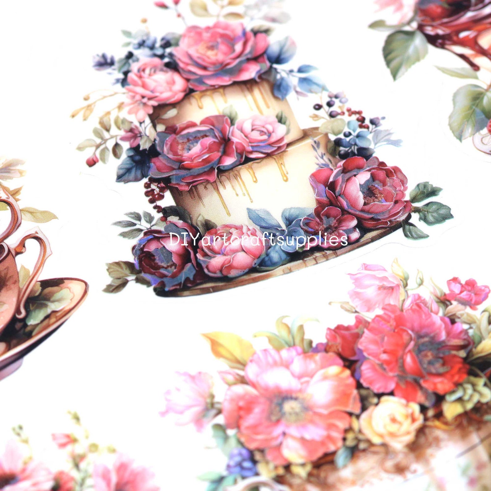 12 Pcs Holographic Foil Afternoon Tea and Flower Sticker, Cake, Flower ...