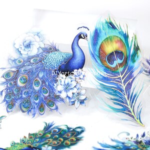 10 autocollants paon bleus feuille d'or, autocollants plumes de paon, magnifiques autocollants paon bleus pour le scrapbooking, fabrication de cartes