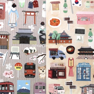 Japan Travel stickers, Korea travel sticker, Japanese town stickers, Korean food stickers, cute kawaii stickers, Korean town stickers
