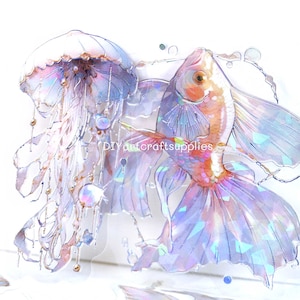 20 Stück holografische Quallen Aufkleber, Folien Laser Quallen und Goldfisch Aufkleber für Scrapbooking und Dekoration, Meer Themen Aufkleber