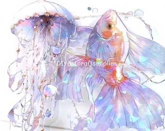 20 pcs holographic jellyfish stickers, foil laser ocean jellyfish and goldfish stickers for scrapbooking and decoration, sea theme stickers