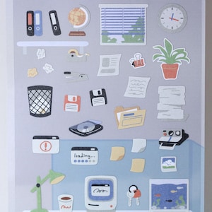 Retro office sticker sheet, office object stickers, personal items stickers, Kawaii stickers, scrapbook and journal stickers