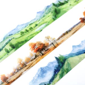 Mountain landscape washi tape, green field landscape die cut PET washi tape roll, golden field landscape washi tapes, 30 mm x 2 m