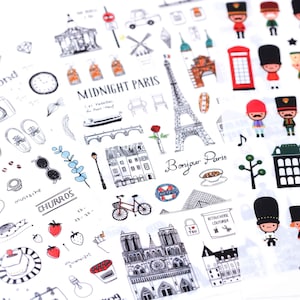 6 folhas de adesivos de PVC com objetos fofos do dia a dia, adesivos de viagem com marcos de Paris, adesivos de soldadinhos de brinquedo, adesivos fofos para decoração de unhas