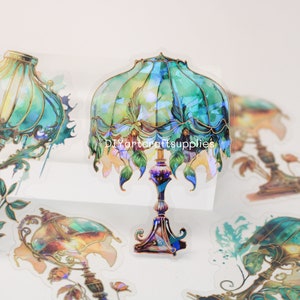 10 autocollants laser holographiques pour lampes de table en verre, feuille d'or aquarelle bleu autocollants vintage artistiques pour lampes scrapbooking éphémères