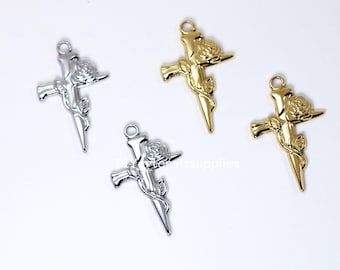4 pcs lot stainless steel rose and sword pendant charms for DIY jewelry making, earrings findings, high quality stainless steel charm