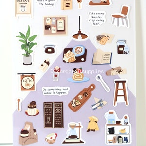 Folha de adesivos para cafeteria, adesivos fofos para café, adesivos para chá, adesivos para cafeteria, adesivos para objetos do cotidiano, adesivos Kawaii