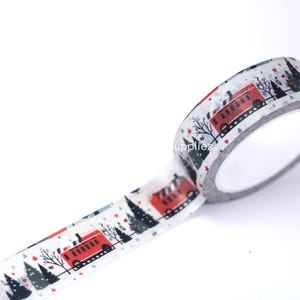 Christmas forest washi tape roll, Christmas train in the pine forest washi tape, snowy Christmas pine tree forest washi tapes for holidays