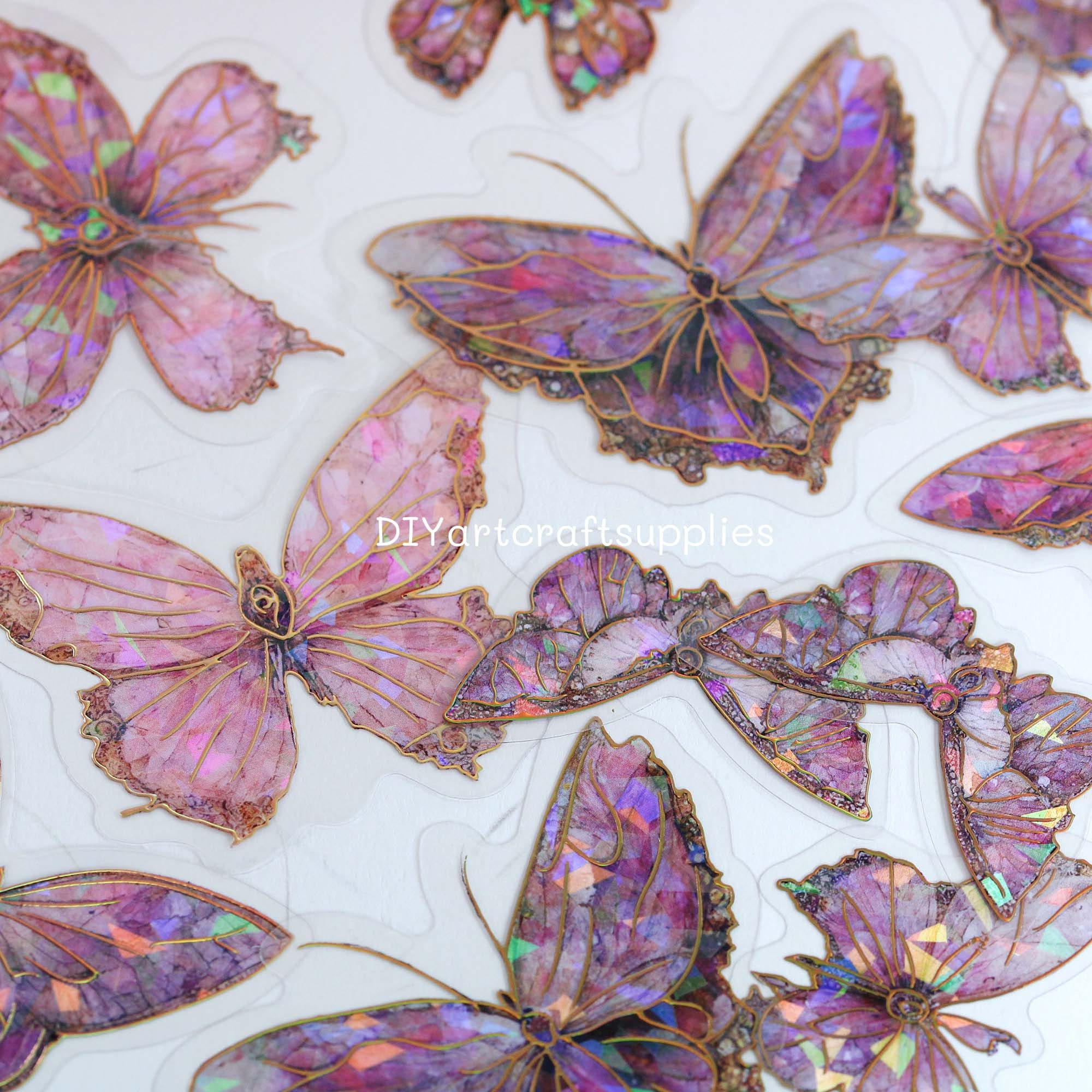 20 Pcs Holographic Pink Ice Crystal Butterfly Decorative PET Stickers ...