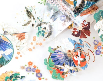 Gilding bird and fan washi tape, Japanese landscape decorative  washi tape, large PET bird mountain and fan washi tape, 1 roll