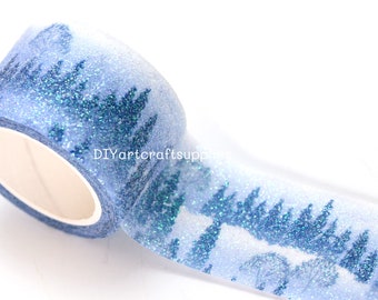 Schnee auf Weihnachtswald Washi Tape Rolle, blau gefrostetes verschneites Washi Tape mit Gleitern für Weihnachtsgeschenkverpackungen, Kartenherstellung