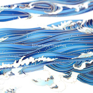 May include: Blue and gold patterned fabric with a wave design. The fabric has a subtle shimmer and is perfect for crafting projects.