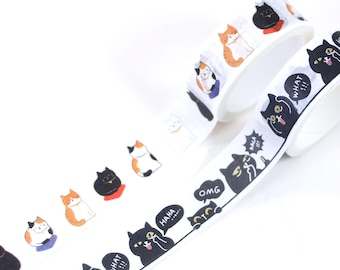Adhésif adhésif chat mignon, ruban adhésif washi motif chat noir dessin animé, rouleaux de ruban adhésif washi chat kawaii pour scrapbooking, emballage cadeau, 1,5 cm x 5 m