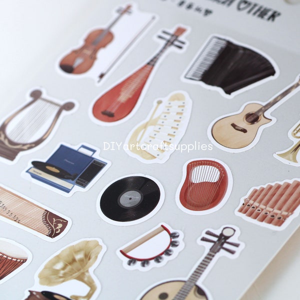 Music instruments sticker sheet, guitar sticker, piano sticker, violin sticker, harp sticker, drum sticker