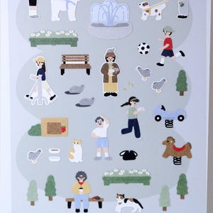 Sticker sheet, In the park activities, people stickers, daily life stickers, city life stickers, Kawaii stickers, little people stickers