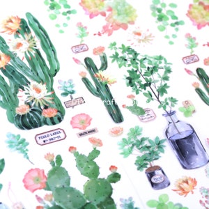 6 feuilles d'autocollants aquarelle pour pots de plantes, autocollants de plantes botaniques vertes, autocollants de cactus pour le scrapbooking, fabrication de cartes