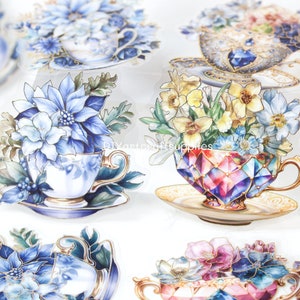 20 Stück Goldfolie Aquarell Teetasse und Blumen Aufkleber, Edelstein und Blumen Nachmittag britische Teetasse Aufkleber für Scrapbooking, Kartengestaltung