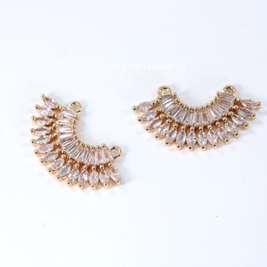 2 pcs lot 24k gold plated brass fan pendants charms with cubic zirconia gemstones for necklace makings, DIY jewelry findings