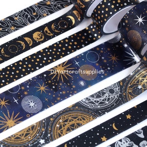 9er Set Goldfolie Dark Universe Washi Tape, dunkelblaue Galaxie Vergoldung Washi Tape, Mond und Stern Washi Tape, geometrisches Washi Tape