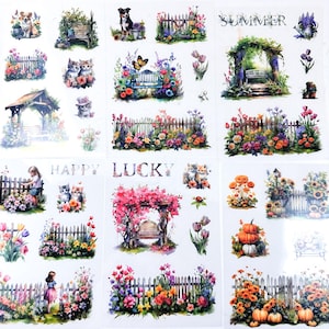 May include: A sheet of colorful stickers featuring various images of gardens, flowers, fences, and animals. The stickers include the words "Summer", "Happy", and "Lucky".