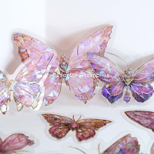 20 piezas de pegatinas decorativas de PET con forma de mariposa de cristal de hielo rosa holográfica, pegatinas para álbumes de recortes, lindas pegatinas de mariposa para hacer tarjetas