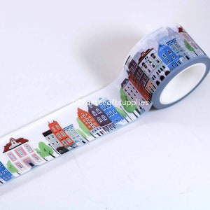 Colorful city pattern washi tape roll, vibrant color city house washi tape for scrapbooking, card making, journal diary frame decoration