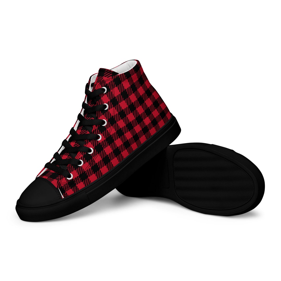 Mens High Top Canvas Shoes Red Plaid Black Christmas Etsy