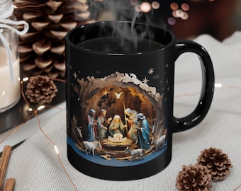 3D Nativity Scene Mary Joseph Jesus 11oz & 15oz Black Mug Religion Faith Mug Christmas Gift Mug Christmas Coffee Mug Christmas idea Big Mug