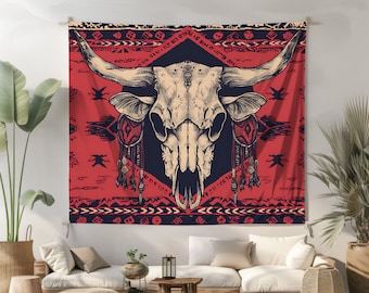 Boho Cow Skull Wall Tapestry Cowboy Wall Art Southwestern Wall Art Dessert Art Boho Rustic Aesthetic Country Style Bedroom Livingroom Decor